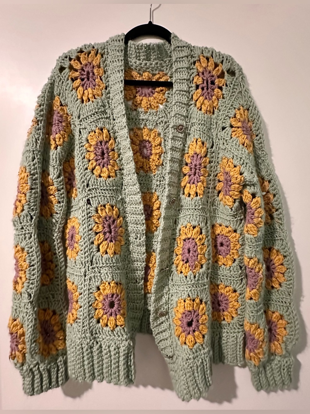 Handmade Pastel Green Crochet Sunflower Granny Square Cardigan